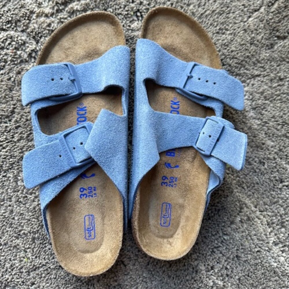 Birkenstock Arizona Soft Footbed, suede sandals in Elemental Blue, size 39